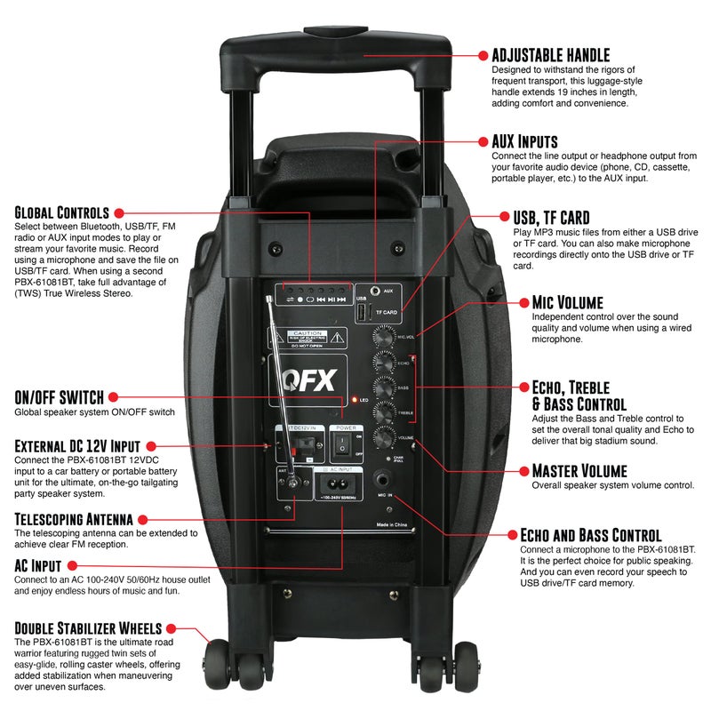 QFX PBX-61081 Rechargeable Portable Speaker | 8" Woofer | 400 Watts | Bluetooth, AUX, SD Card, FM Radio | Handle, Wheels, 12 Lbs | Perfect for Tailgating, Indoors, Outdoors Audio | Silver - Image 3